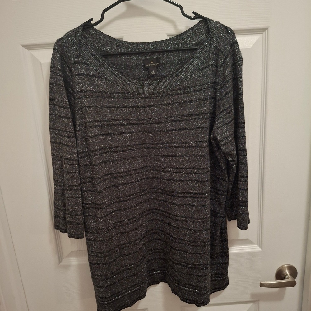 3/$15 Worthington Womens Top XL Gray Black Sparkle Knit Striped‎ 3/4 Sleeve